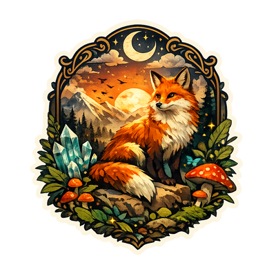 Illustration of a fox in a forest with mountains and celestial elements.