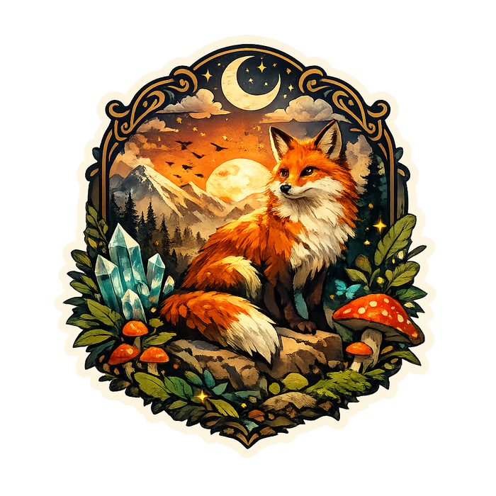 Illustration of a fox in a forest with mountains and celestial elements.