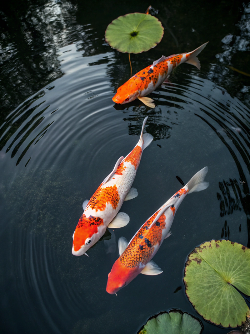 Three Large Koi Fish Swimming In Formation In A Da